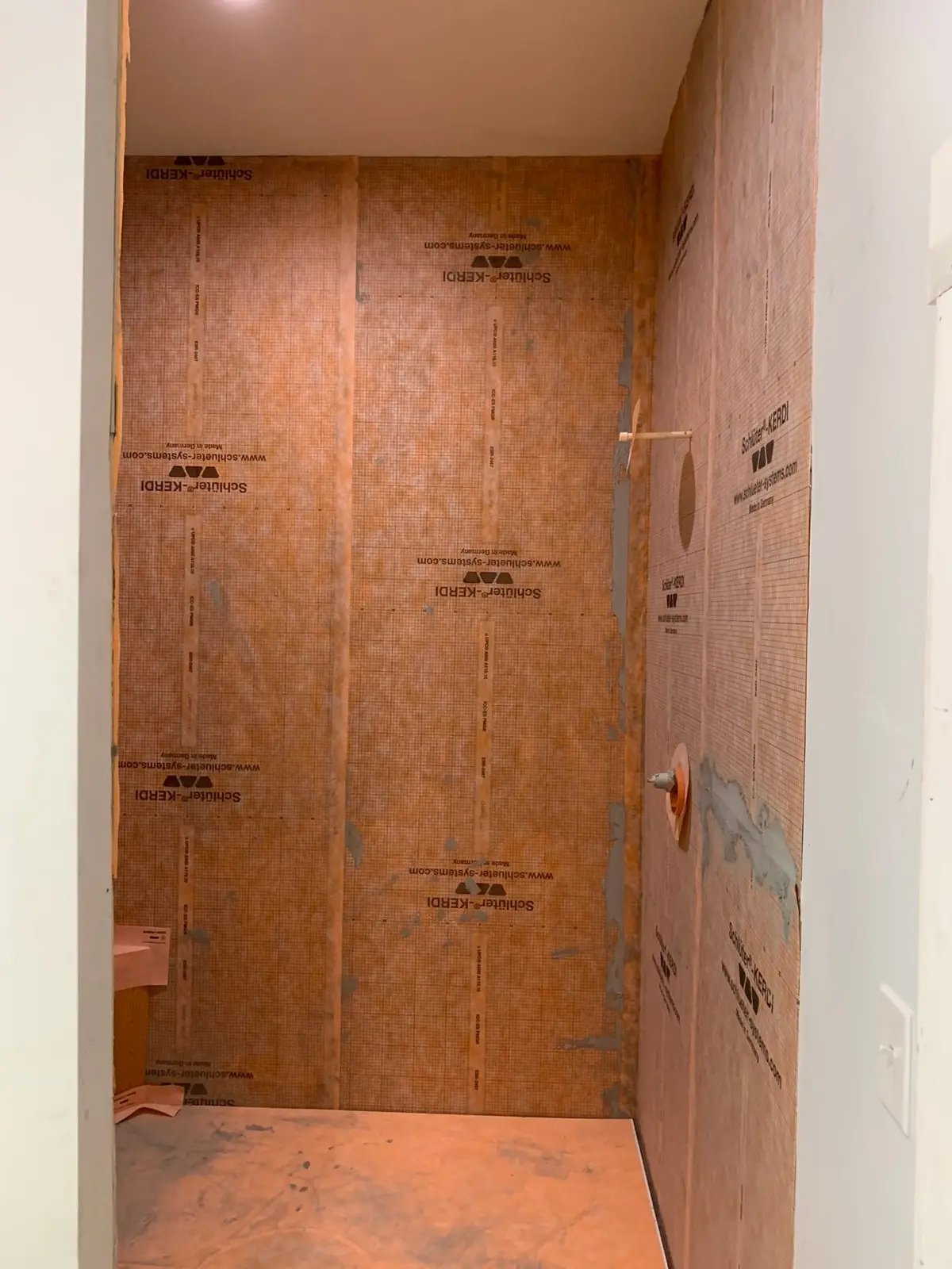 During work — Subway Tile Showers with Leaded-Glass Window