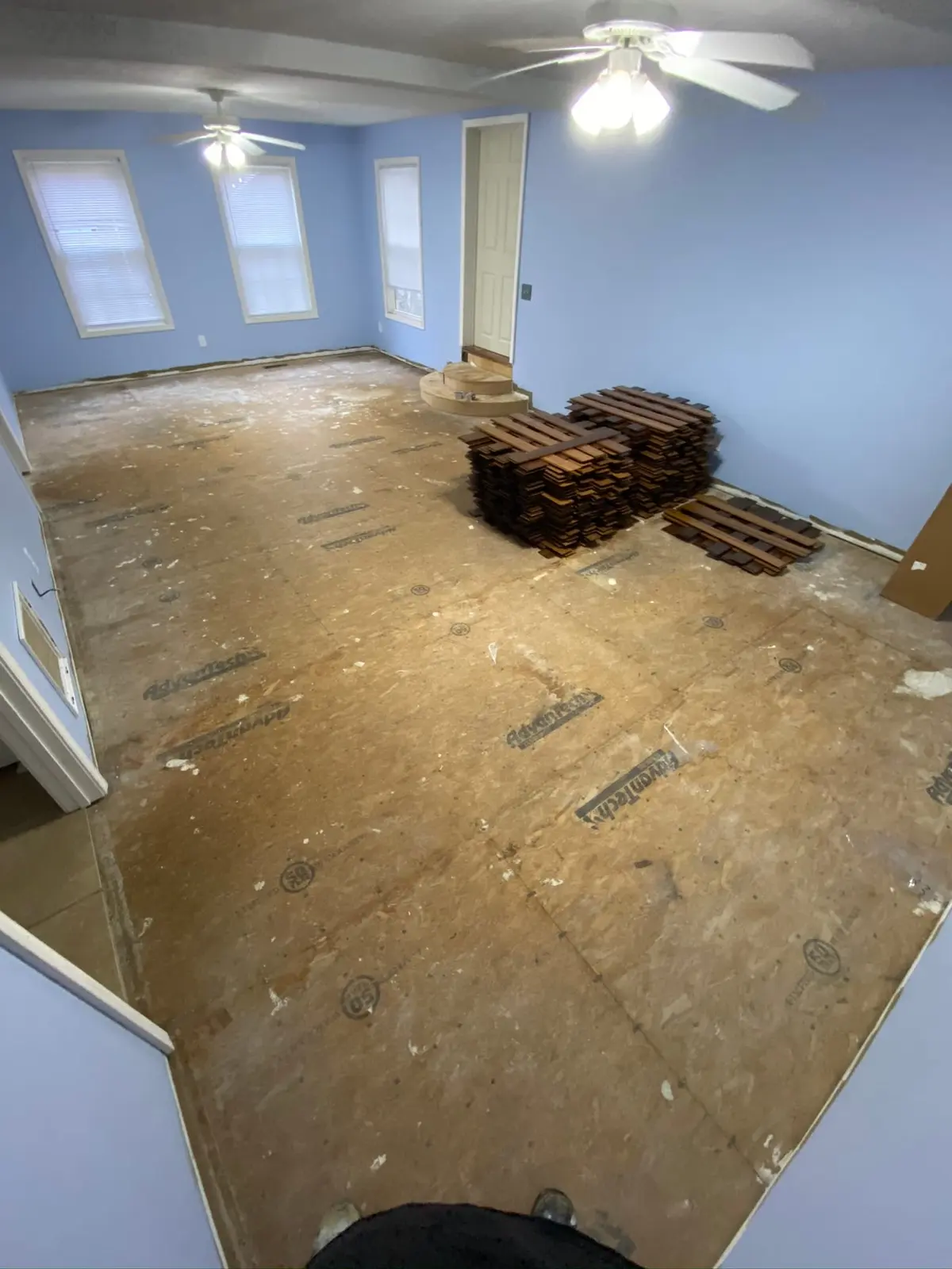 During work — Dark Plank Floor in Blue Room