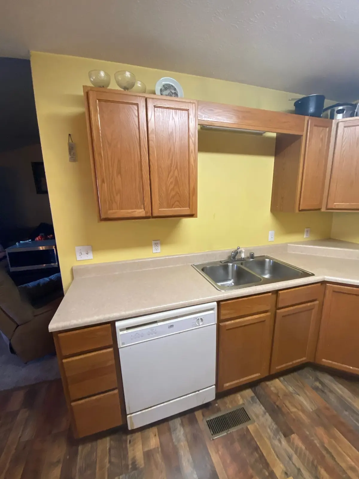 During work — Kitchen Plank Floor and Subway Tile Backsplash