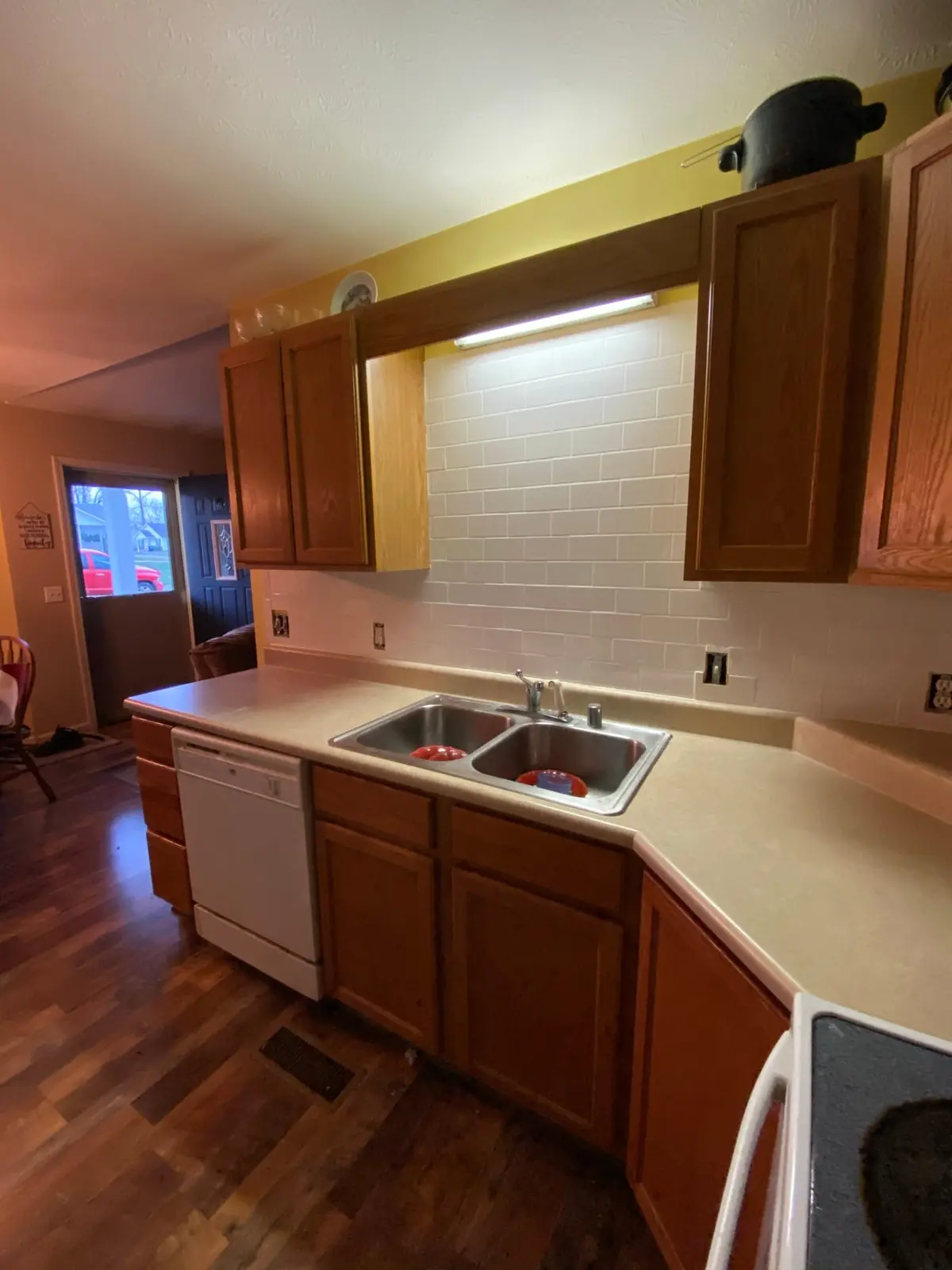 Kitchen Plank Floor and Subway Tile Backsplash — finished photo 3
