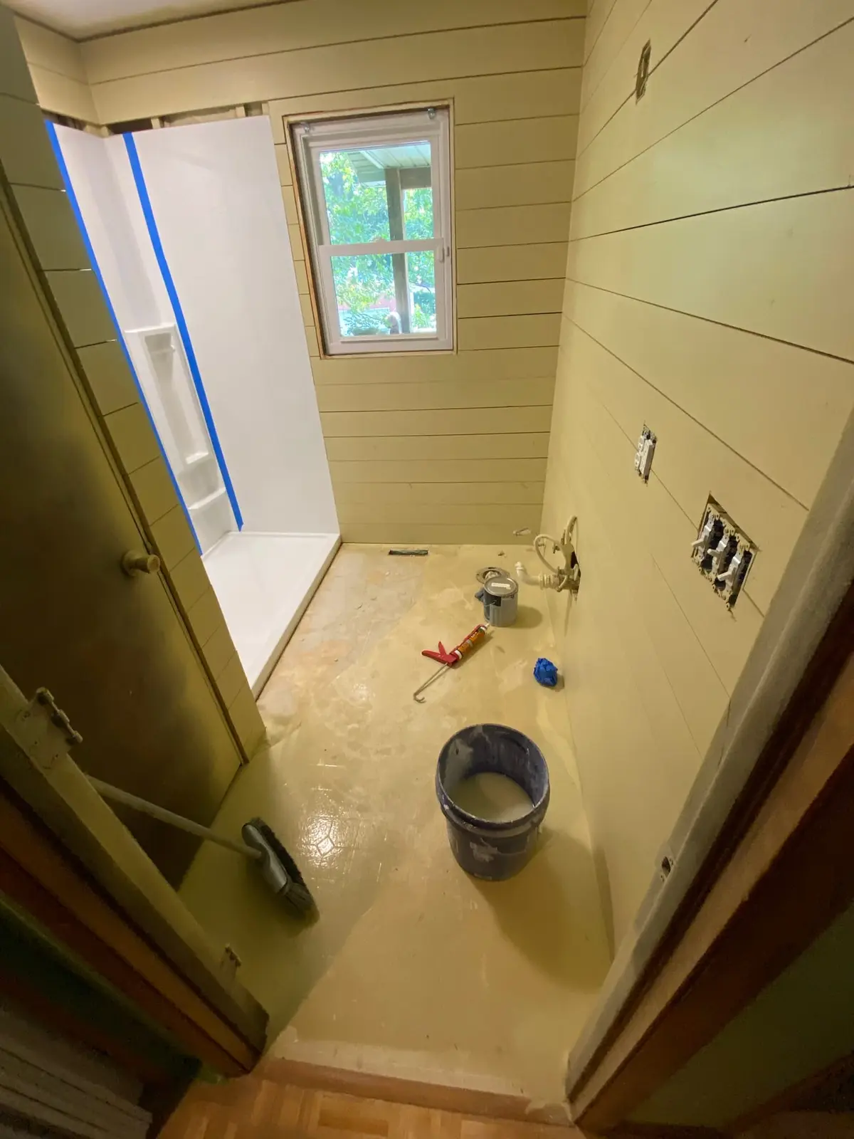 Shiplap Bath with Glass Shower and Pebble Floor — Progress photo 1