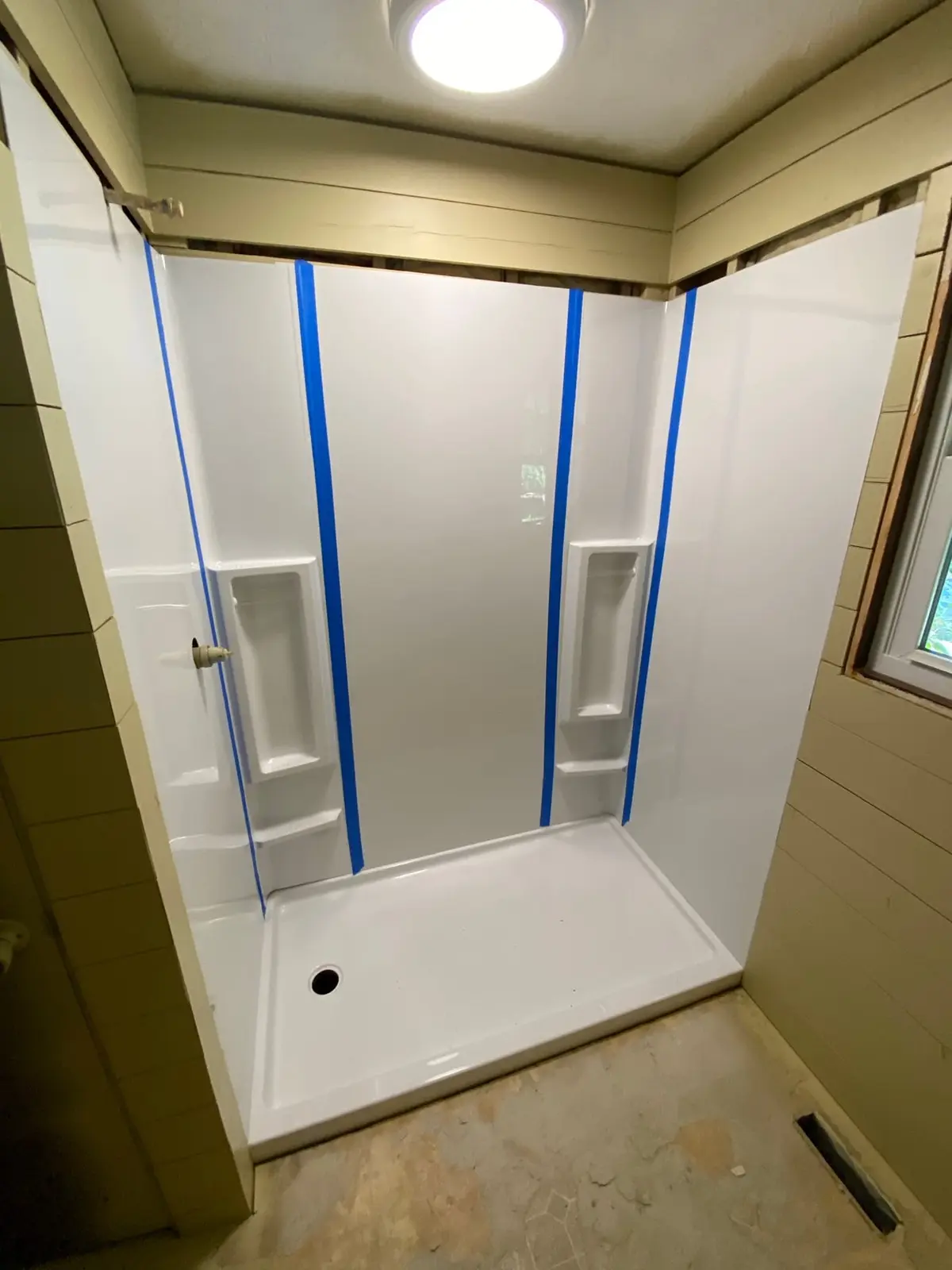 During work — Shiplap Bath with Glass Shower and Pebble Floor