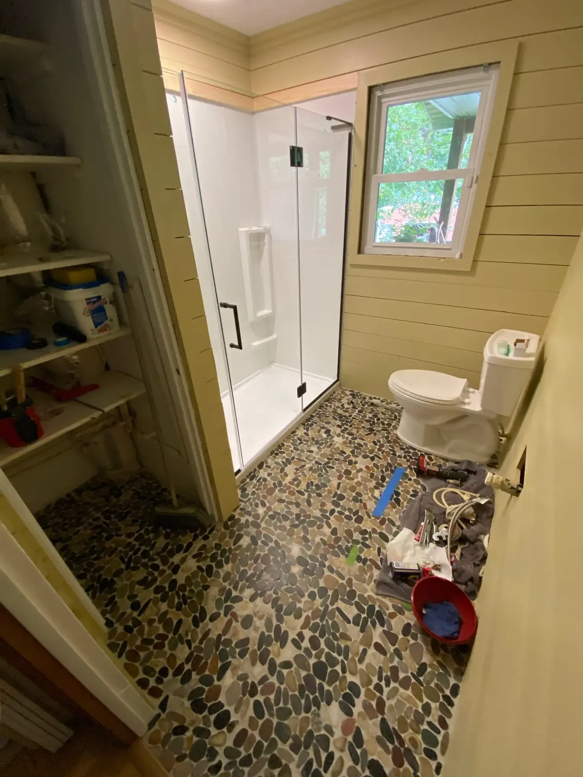 Shiplap Bath with Glass Shower and Pebble Floor — finished photo 3
