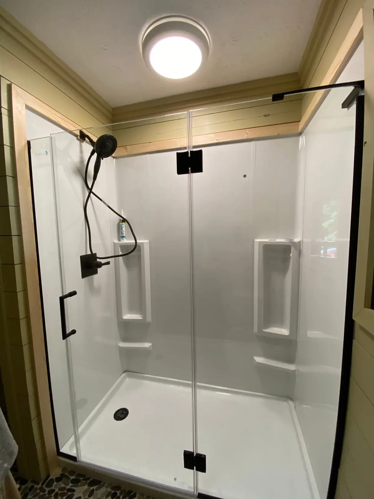 Shiplap Bath with Glass Shower and Pebble Floor — finished photo 2