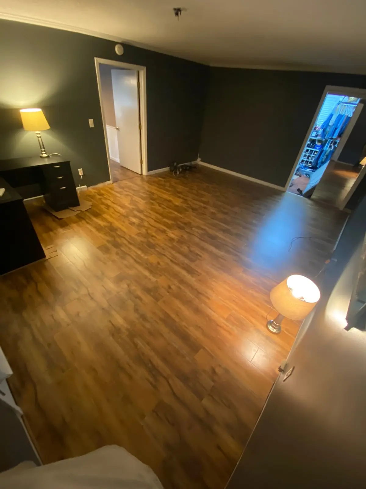 Charcoal Bedroom with New Plank Floor — finished photo 2