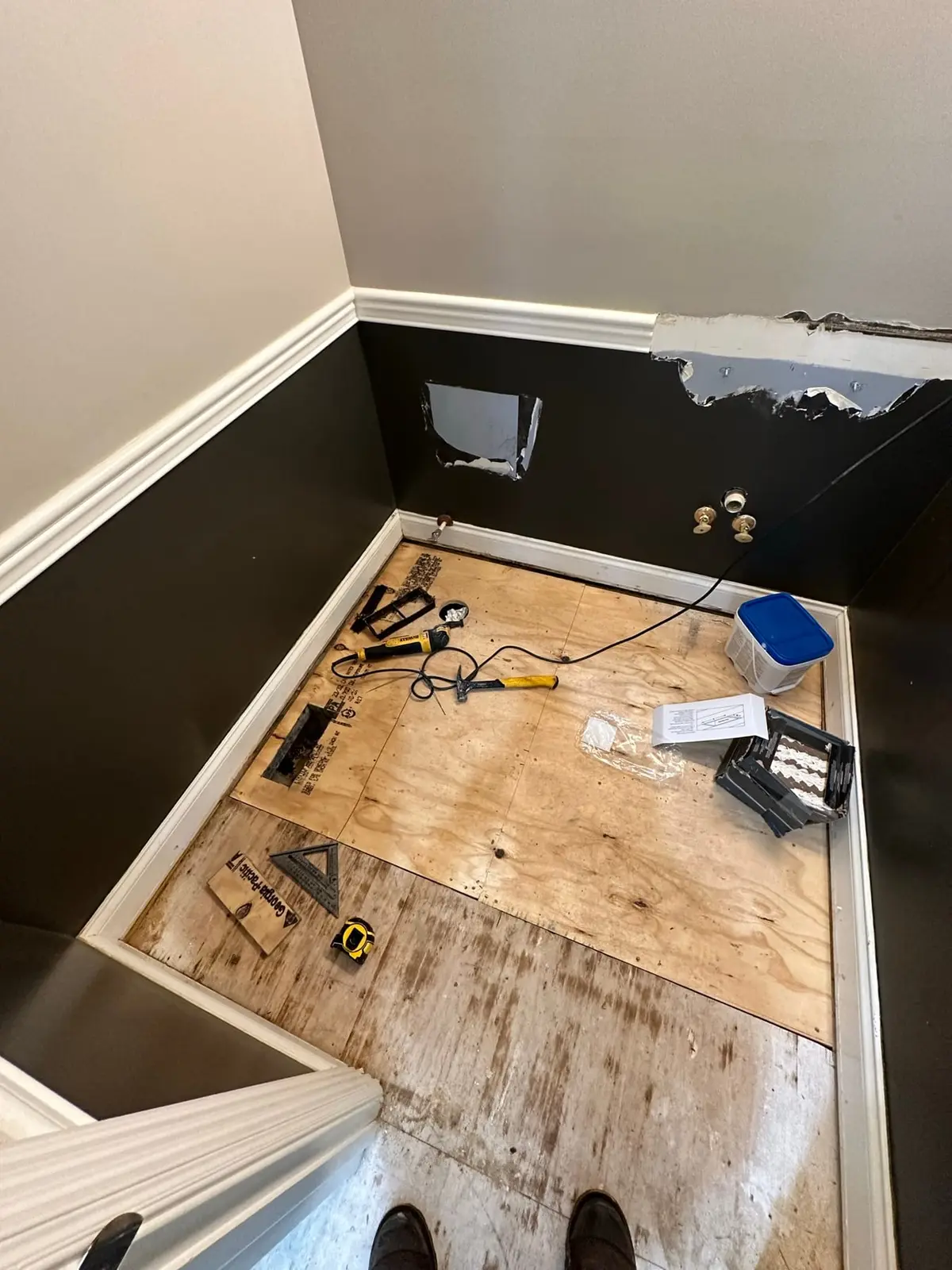 Before — Patterned Floor Tile, Back Entry and Small Bath