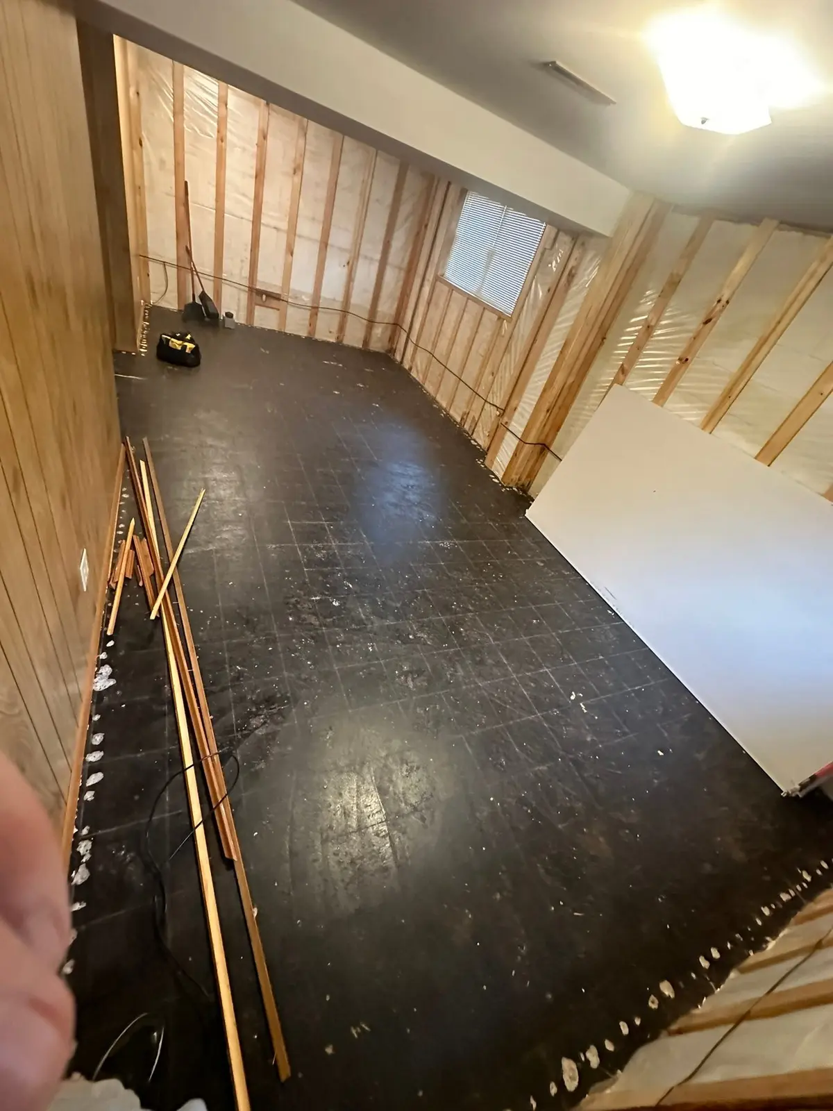 Lower-Level Remodel, Paneling to Drywall with New Floor — Demo photo 2
