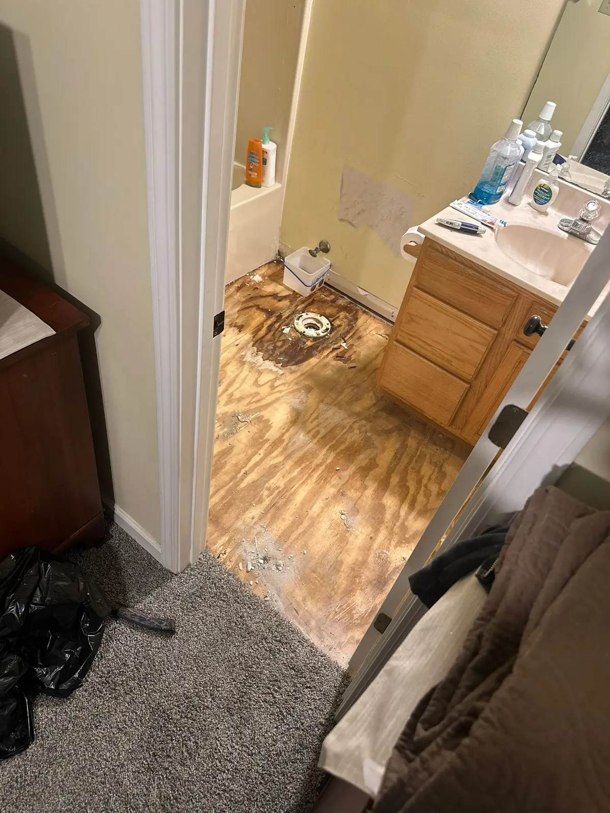 During work — Bathroom Subfloor Repair and New Plank Floor
