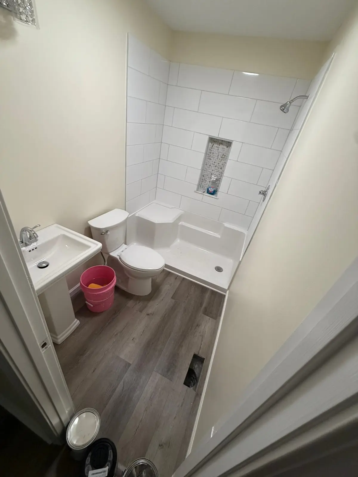 Tiled Shower with Seat and New Plank Floor — finished photo 7